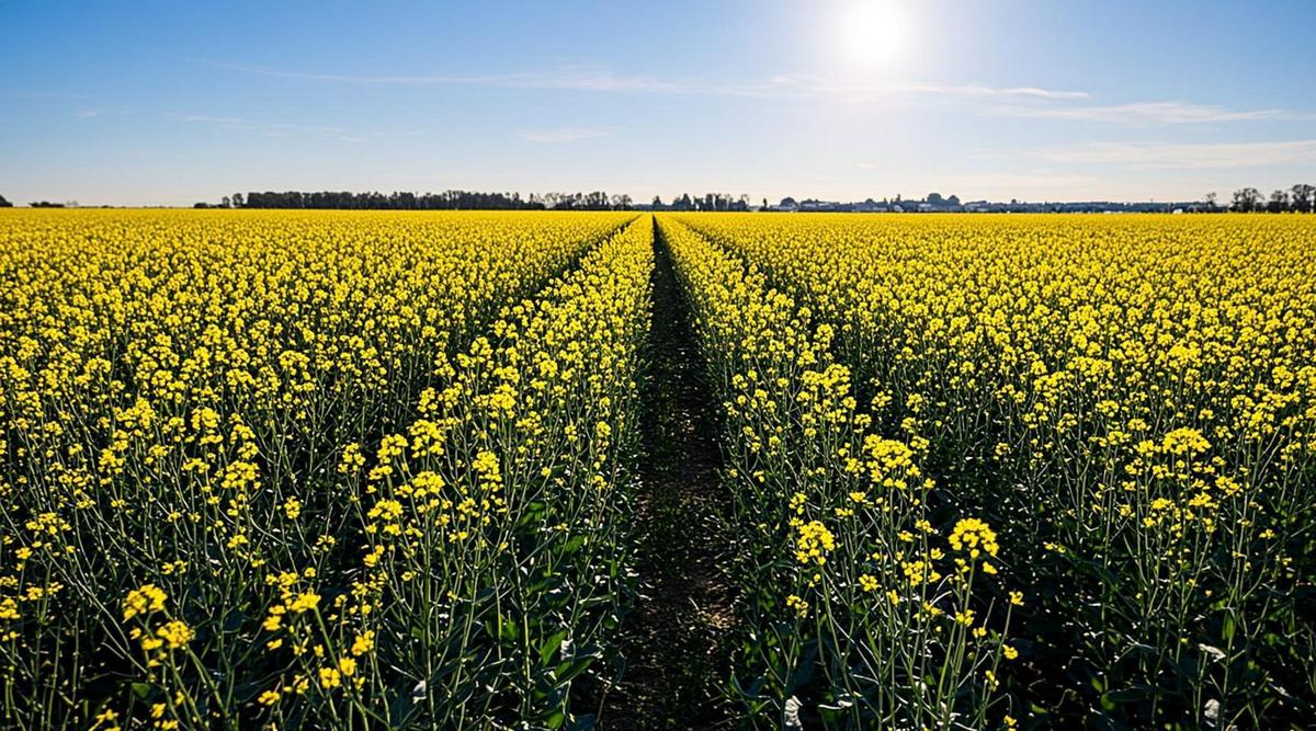 Поле цветущего желтого рапса, уходящее к горизонту. На заднем плане виден сельскохозяйственный ландшафт с элеватором.