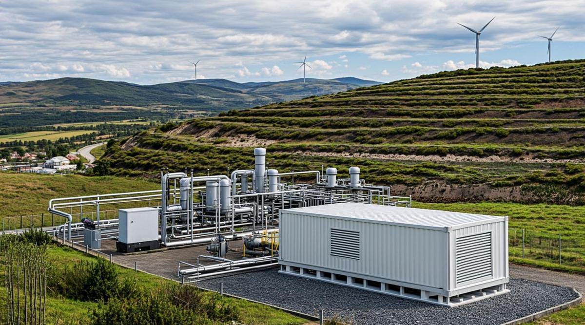 Биогазовая электростанция на полигоне Можура в Черногории. На фоне холмов видны ветряные турбины и система сбора газа.