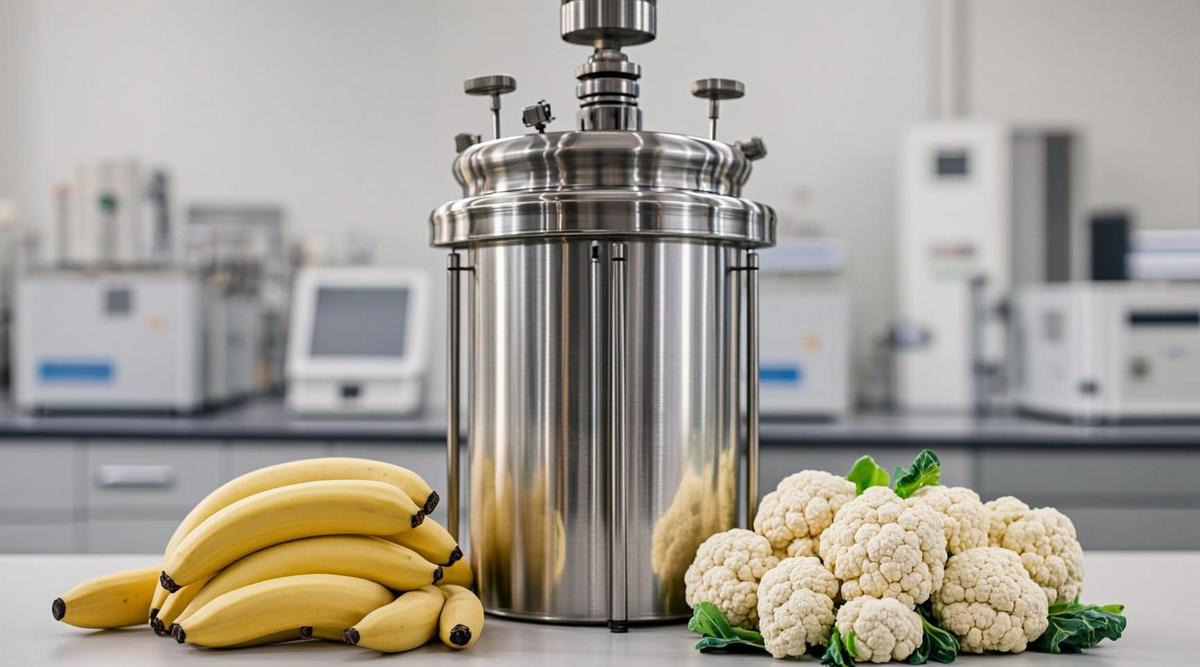 Отходы бананов и цветной капусты повысили выработку биогаза на 30% Лабораторный биореактор для производства биогаза рядом с измельченной банановой кожурой и стеблями цветной капусты.