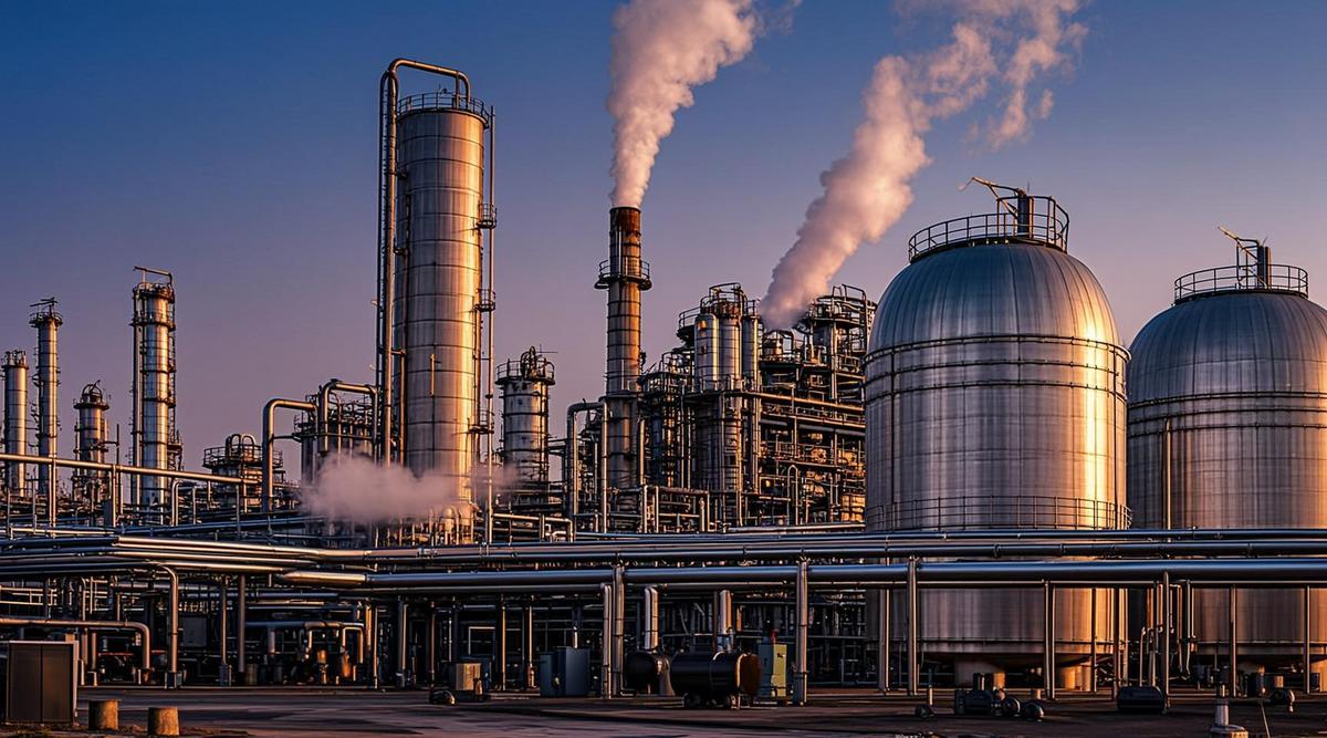 Современный завод по производству биотоплива в сумерках, большие стальные резервуары и переплетение трубопроводов.