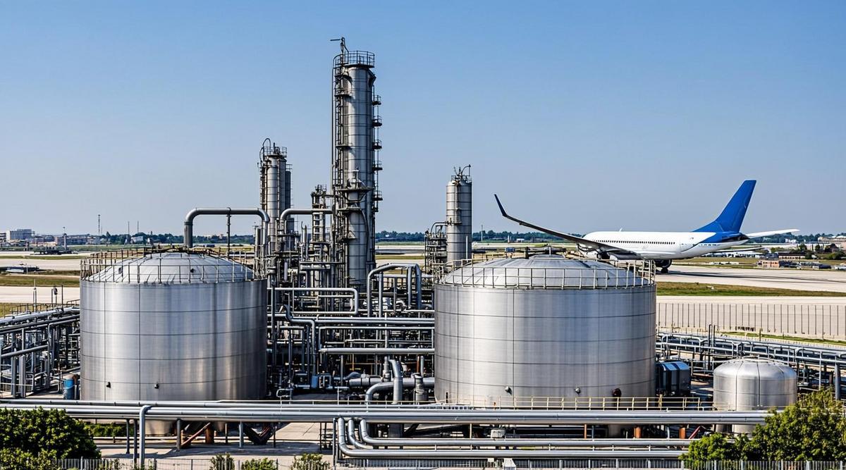 Современный биоперерабатывающий завод с блестящими стальными резервуарами и трубами для производства экологичного авиационного топлива на фоне взлетной полосы.