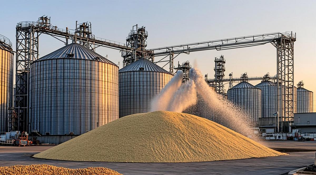 Крупные металлические силосы на заводе по переработке масличных культур с конвейером, транспортирующим рапсовый шрот.