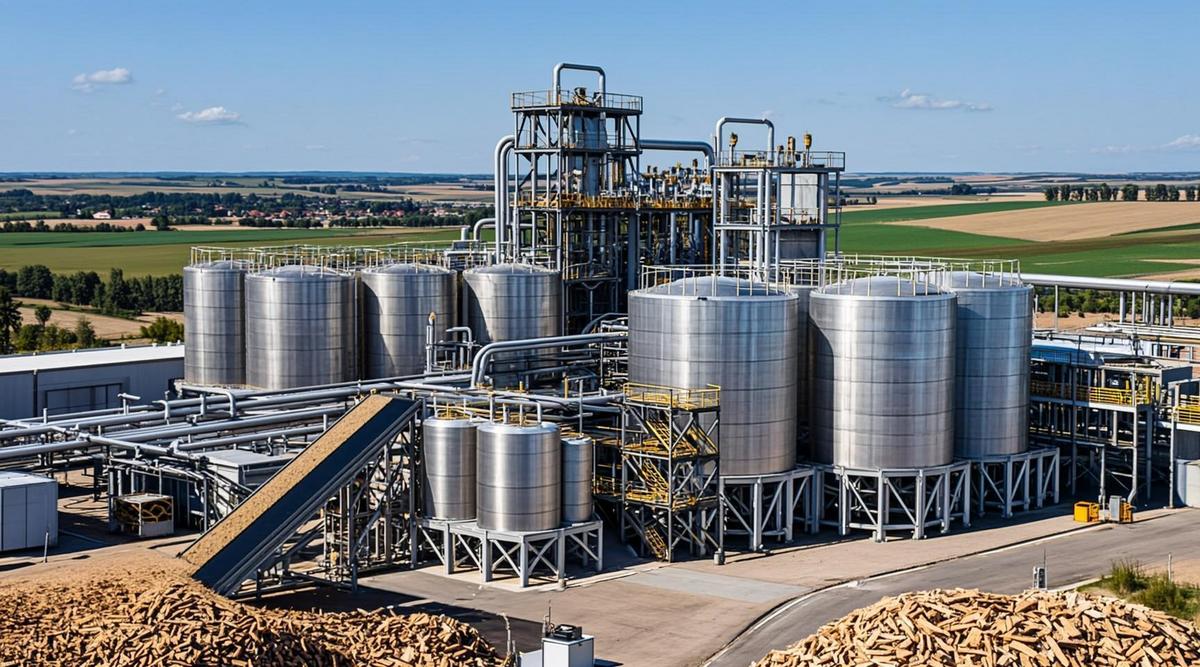 Современный комплекс биоперерабатывающего завода с блестящими силосами и трубами на фоне поля, перерабатывающий биомассу.