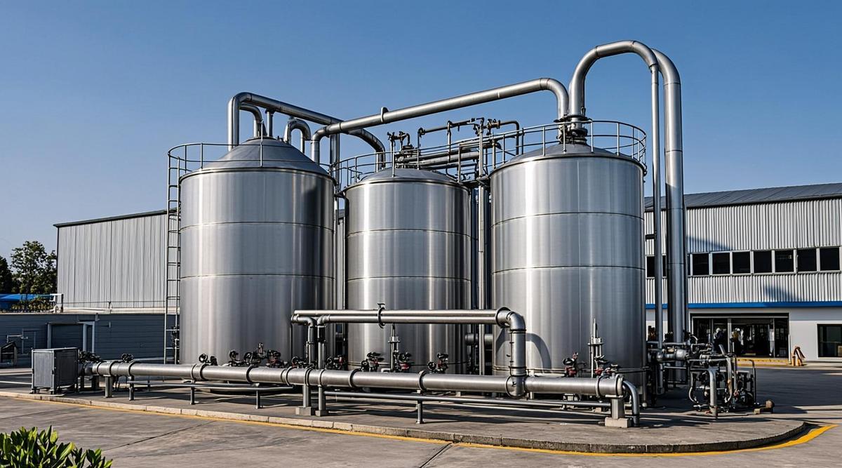 Современная установка по производству биометана с блестящими стальными трубами и резервуарами на фоне пищевого комбината.