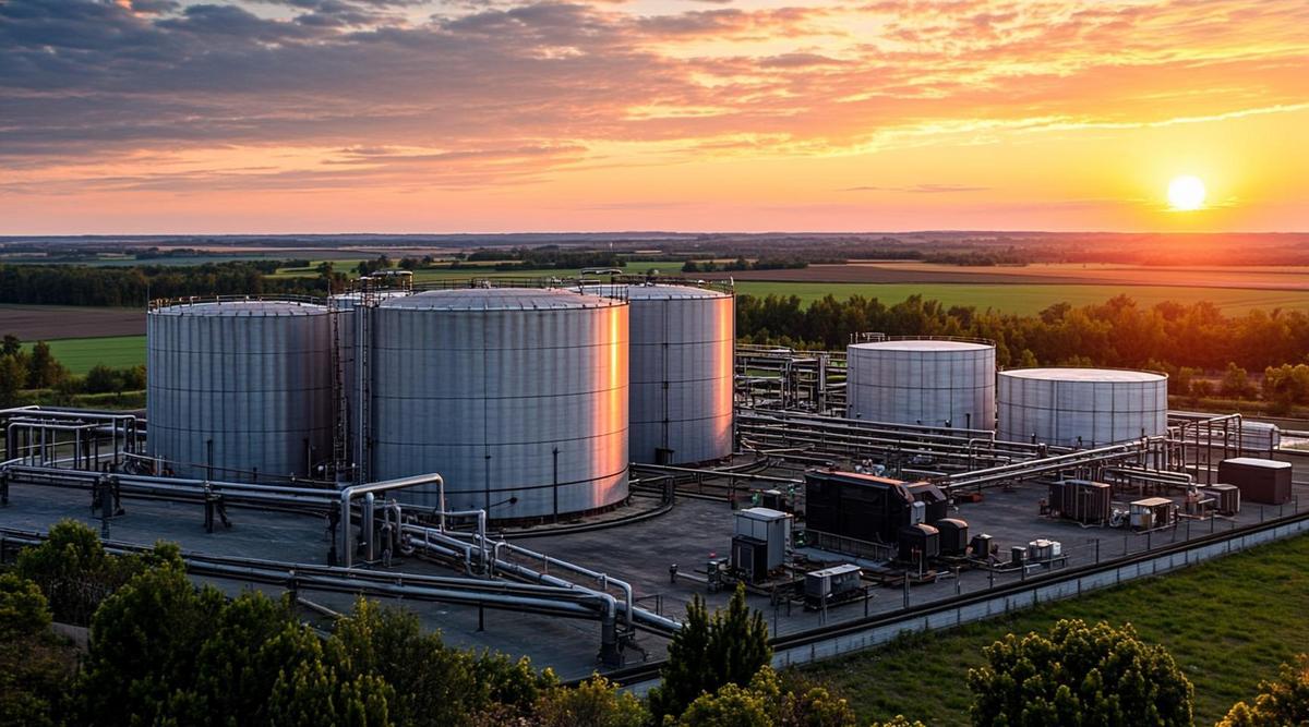 Биотопливная отрасль Европы на пороге ключевых изменений в 2026 году Современный завод по производству биотоплива на закате, с промышленными резервуарами, трубопроводами и полем на заднем плане.