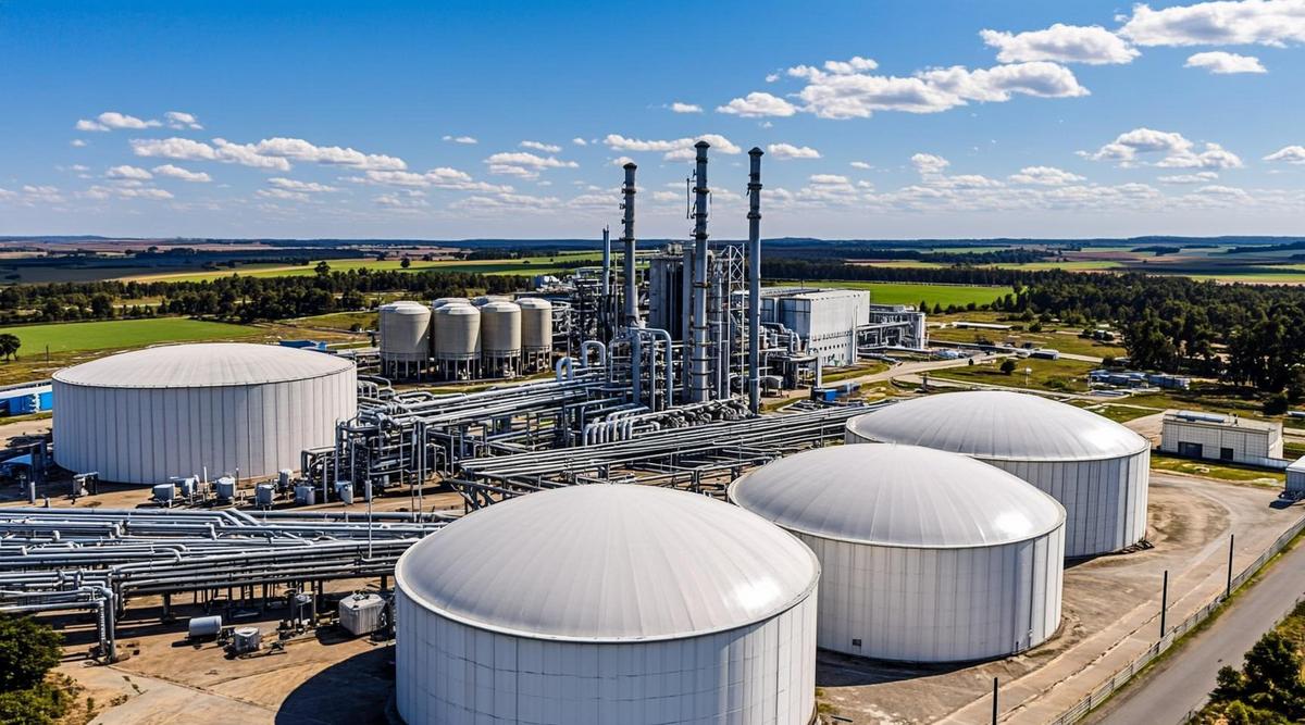 Современный завод по производству биогаза с большими резервуарами-реакторами и трубопроводами в сельской местности Индии.