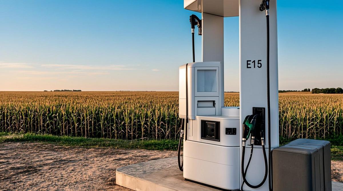 Трамп призвал разрешить круглогодичную продажу бензина E15 в США Заправочная колонка с маркировкой топлива E15 на фоне бескрайнего кукурузного поля в сельской Америке.