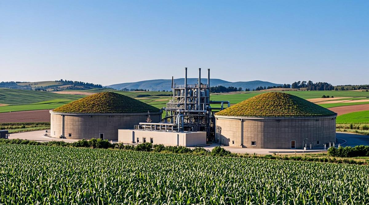 VORN Bioenergy строит завод по биометану в Италии при поддержке ING Современный биометановый завод, интегрированный в холмистый ландшафт Италии, с земляными ферментерами и сельхозугодьями вокруг.