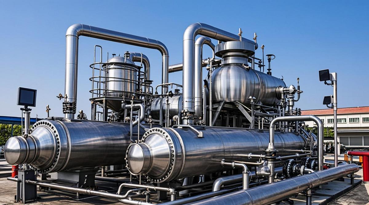 Современная установка для подачи биометана в газопровод. Стальные трубы, клапаны и измерительное оборудование на промышленном объекте.