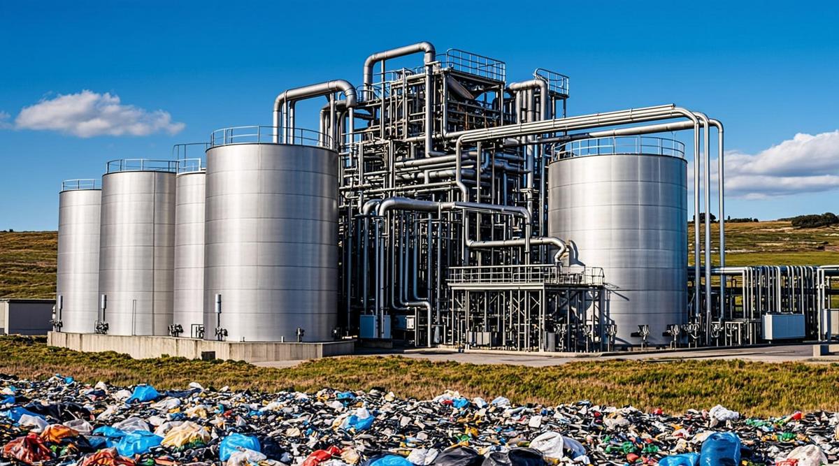 Французский полигон ТБО начал производить возобновляемый газ для 2000 домов Современная установка по производству биометана с трубами и резервуарами из нержавеющей стали на территории зеленого мусорного полигона.