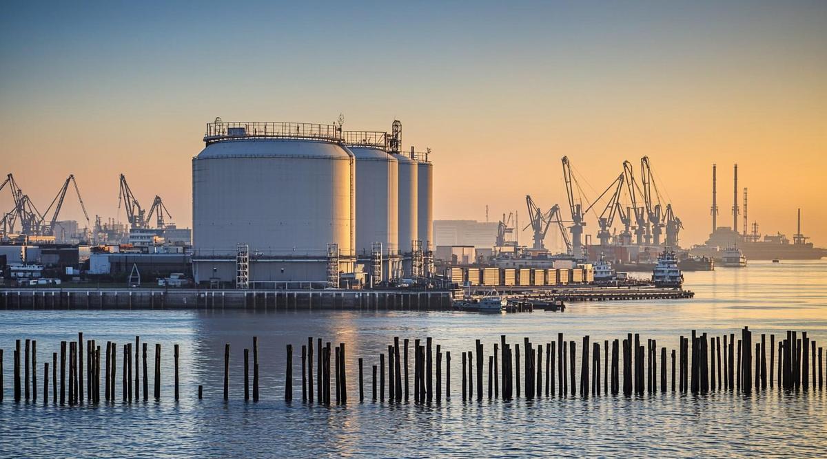 Промышленные резервуары для хранения биотоплива в порту Роттердама на рассвете, вид на гавань и грузовое судно.