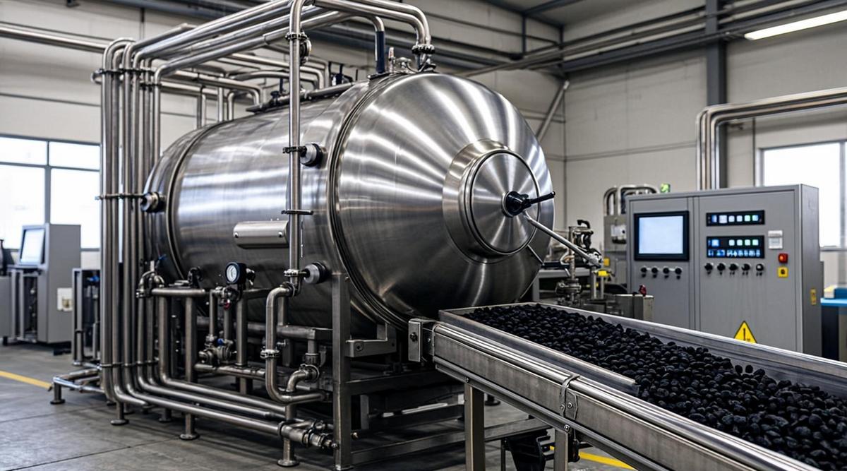 Современный промышленный реактор для производства биочара в заводском цеху, трубы и панель управления.