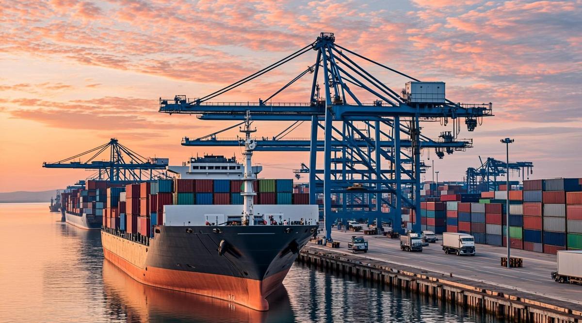 Большой контейнеровоз в порту на рассвете во время заправки биотопливом, на фоне видны портовые краны и контейнеры.