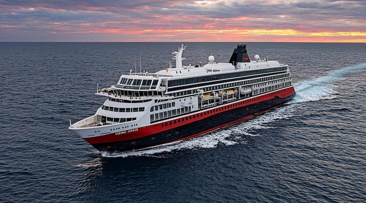 Viking Line обеспечила биогазом паромы на Балтике до середины 2026 года Большой пассажирский паром Viking Line белого и красного цвета в спокойных водах Балтийского моря на фоне рассветного неба.