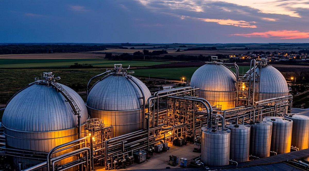 Современная биогазовая установка с большими купольными реакторами и системой трубопроводов в сельской местности на закате.