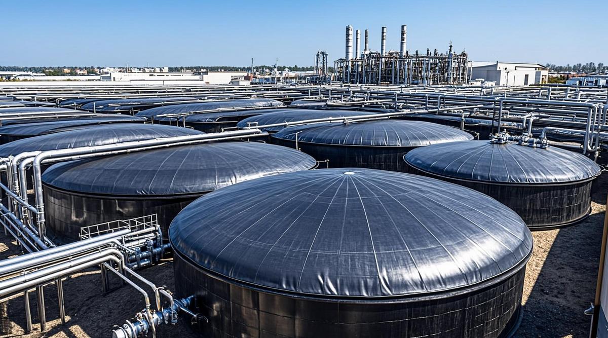 Современная установка по производству биогаза: большие крытые резервуары-дигесторы и сеть соединительных трубопроводов.