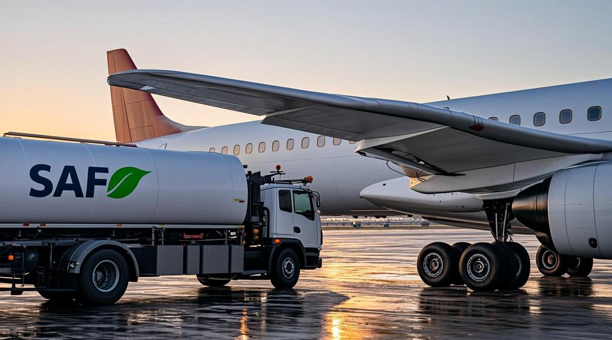 Крыло самолета на аэродроме в процессе заправки экологичным авиатопливом (SAF) из автоцистерны на рассвете.