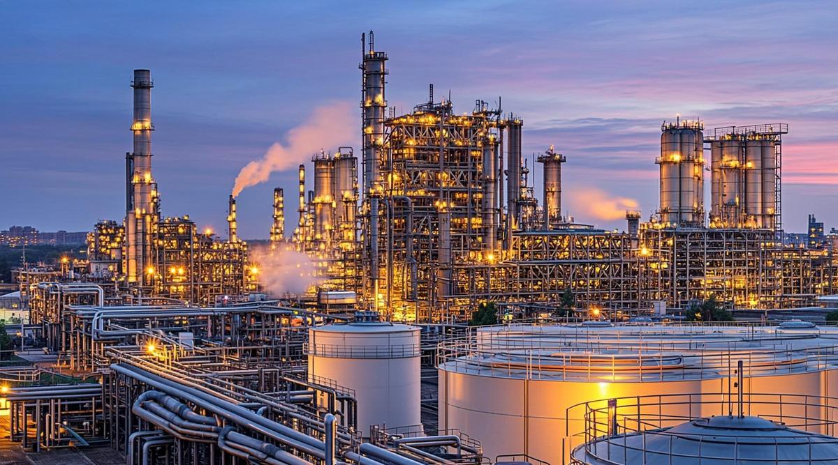 Промышленный пейзаж современного нефтеперерабатывающего завода в сумерках с освещенными трубами, башнями и резервуарами.
