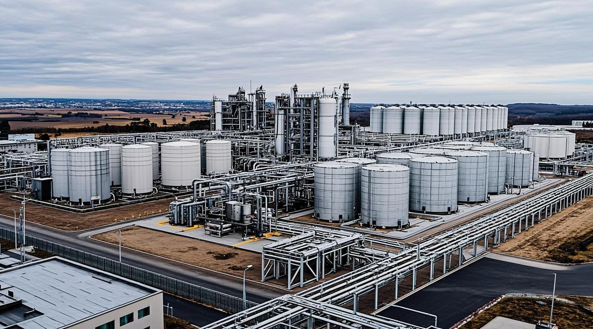 Германия ставит условия для поглощения оператора хранилищ TanQuid Крупный терминал для хранения топлива с рядами белых цилиндрических резервуаров и сетью трубопроводов.