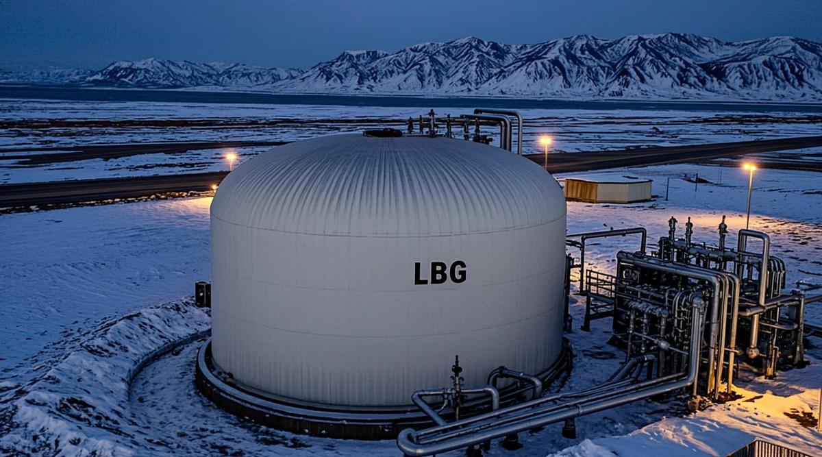 Биогаз обеспечит энергией аэропорт Шпицбергена в Арктике Резервуар для сжиженного биогаза на территории аэропорта Шпицберген в заснеженном арктическом пейзаже.