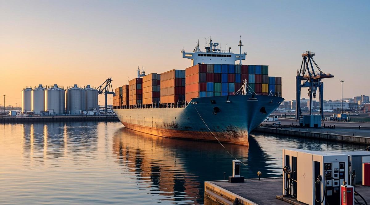 Контейнеровоз в порту подключен к береговой электростанции. На фоне видны резервуары для альтернативного топлива.