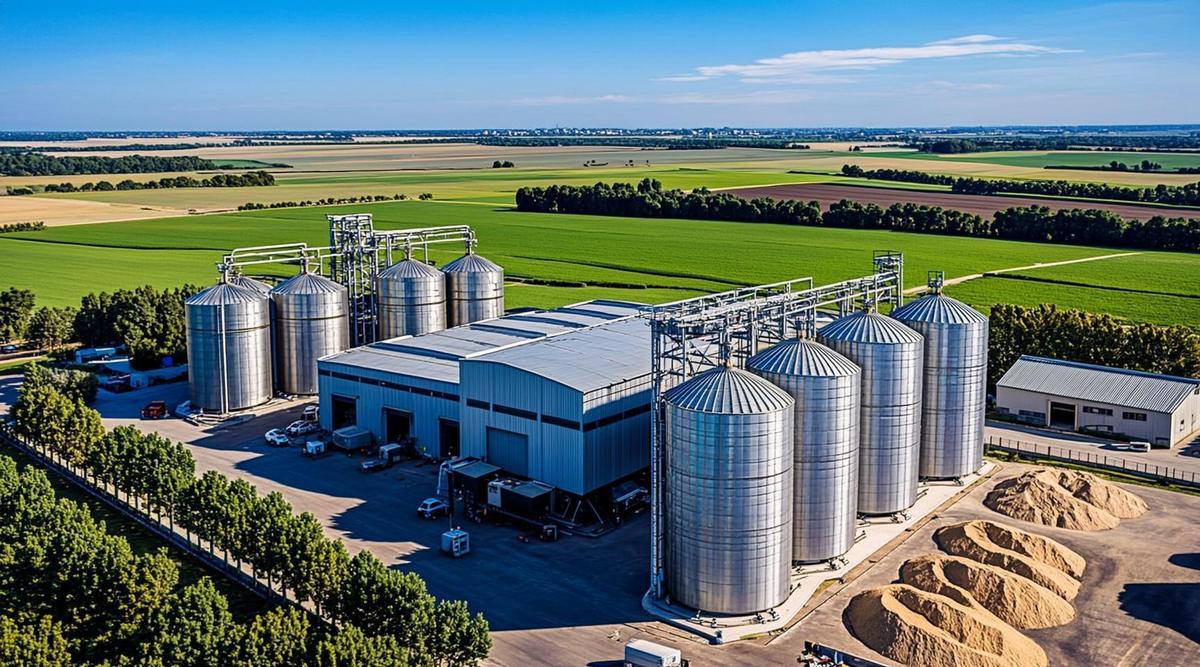 Аэрофотосъемка крупной молочной фермы с биогазовыми установками. Вокруг фермы поля с покровными культурами и складированная биомасса.