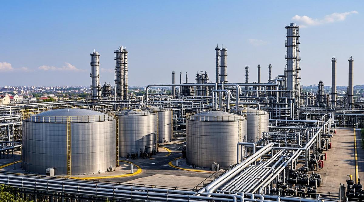 Промышленный комплекс по производству биотоплива: ферментационные емкости, трубопроводы, дистилляционные колонны и перерабатывающие установки.