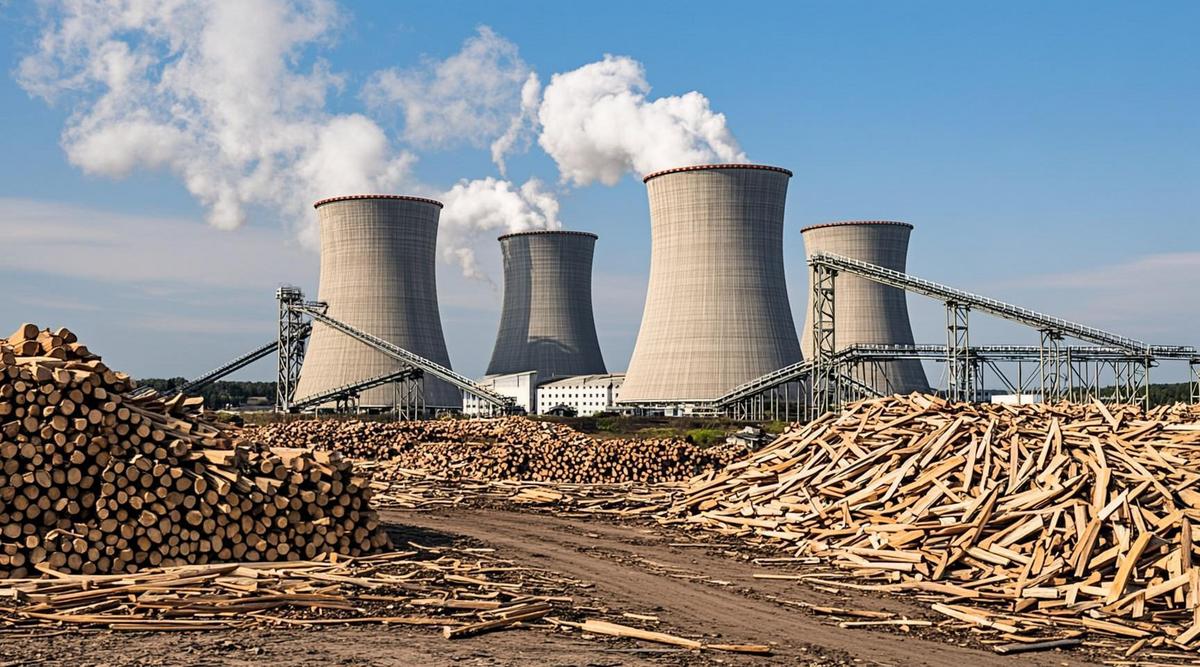 Миллионы тонн древесных отходов Великобритании под угрозой без господдержки Промышленный комплекс по производству биоэнергии. Большие кучи древесных отходов и щепы, конвейерные ленты направляются к современному зданию биомассовой электростанции на горизонте.