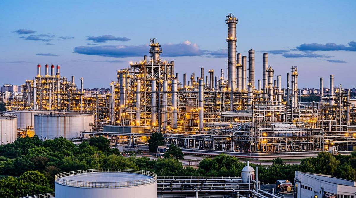 Современный интегрированный завод по производству устойчивого авиационного топлива (НУТ) с резервуарами, трубопроводами и технологическими установками на фоне тропического пейзажа.