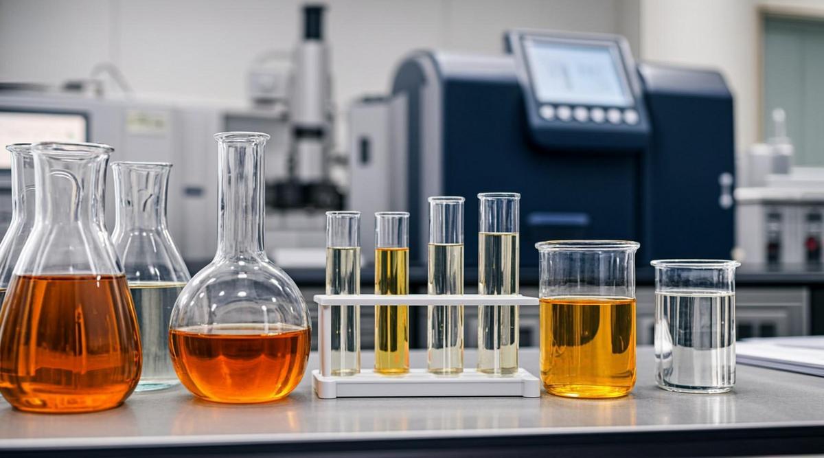 Современная научная лаборатория с колбами, пробирками и аналитическим оборудованием для тестирования образцов биотоплива и растительных масел.