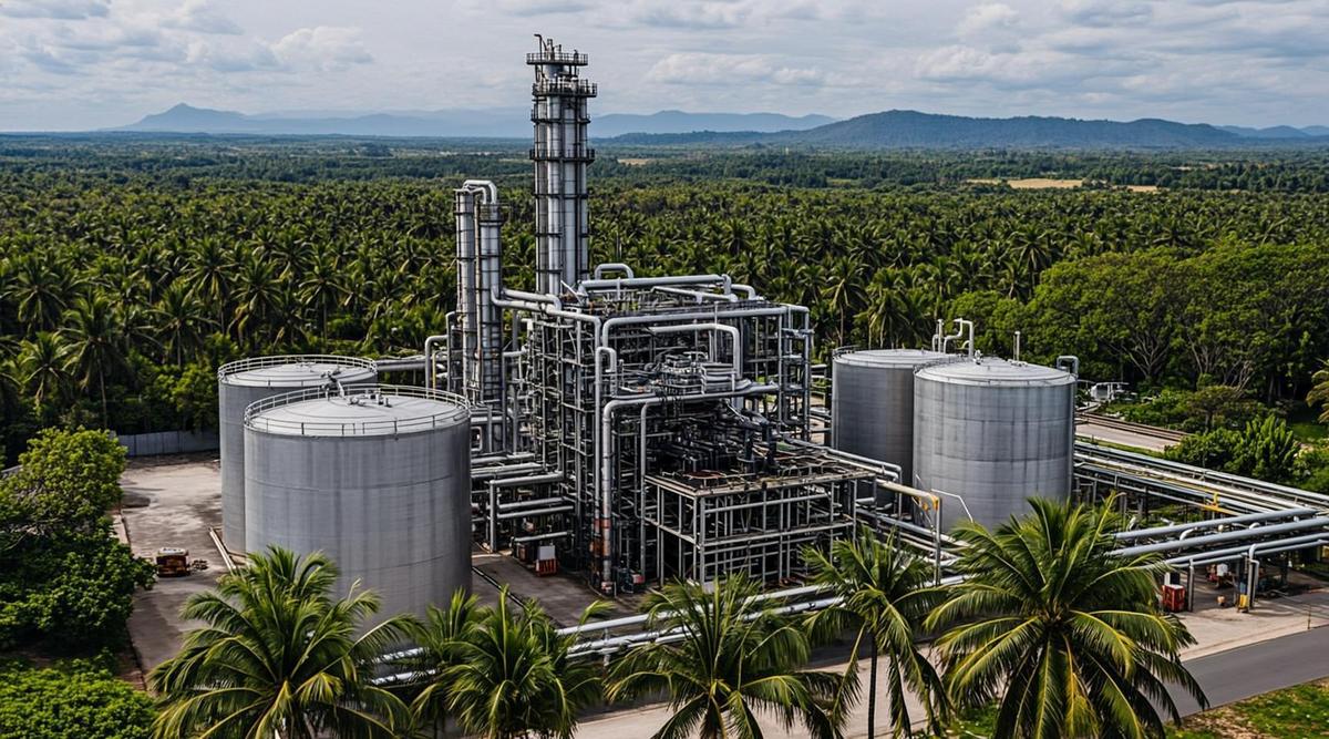 Индустриальный объект по переработке стоков пальмового масла и отработанного кулинарного жира в биотопливо. Видны резервуары, трубы и производственное оборудование завода в тропическом пейзаже.