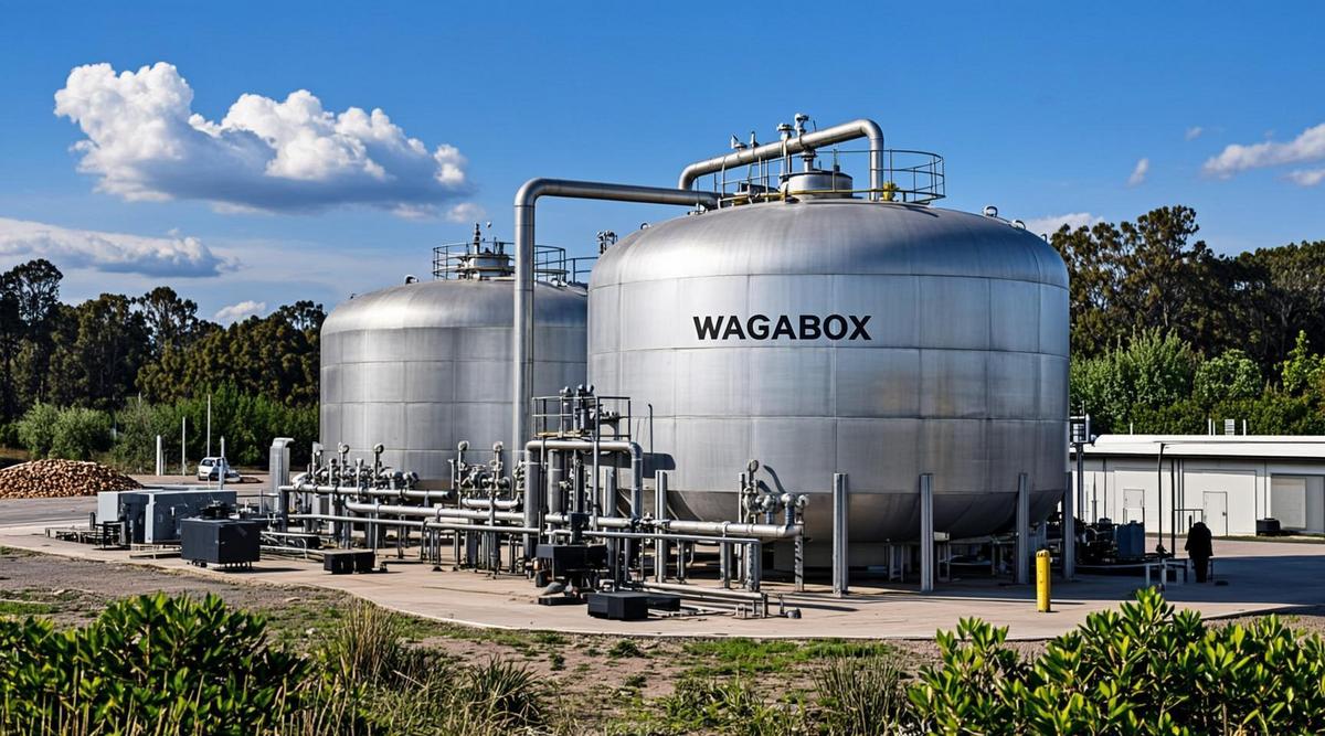 Современная установка WAGABOX для производства возобновляемого природного газа на фоне зеленого ландшафта, с трубами и резервуарами.