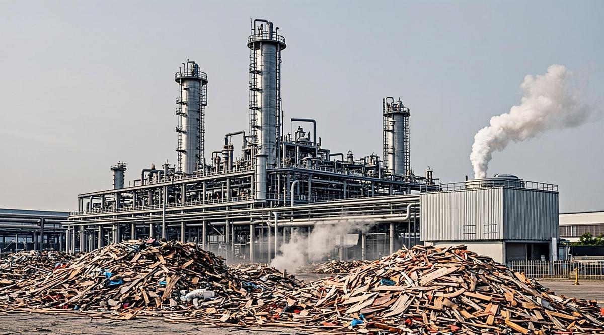 Масштабная промышленная установка для газофикации отходов и биомассы с реакторами и трубопроводами; видны кучи сырья.