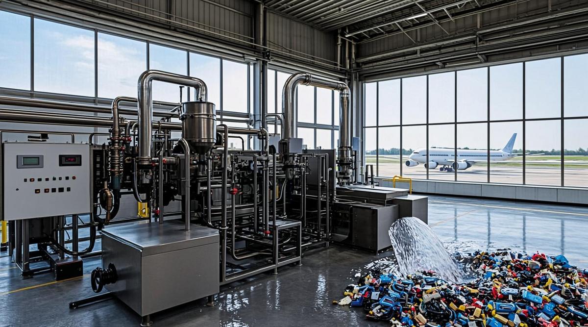 Современный завод по переработке пластиковых отходов в биотопливо для авиации, с технологическим оборудованием.