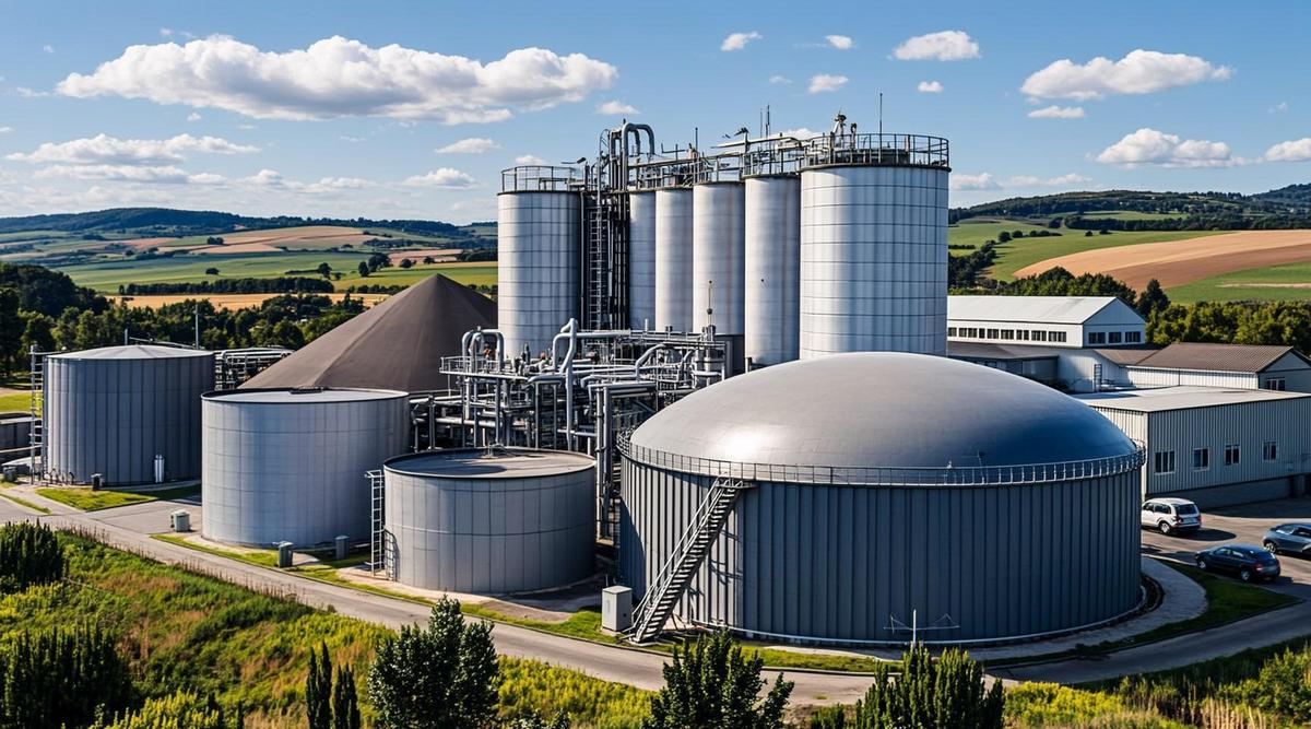 Современный комплекс по производству биометана с трубопроводами и большими резервуарами на фоне европейского сельского пейзажа, окруженного зелеными полями.