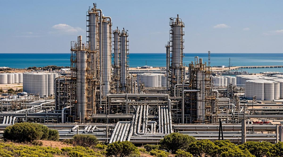 Современный крупный биоперерабатывающий завод на побережье Сицилии. Вид на промышленные башни, резервуары и трубопроводы на фоне природного ландшафта.