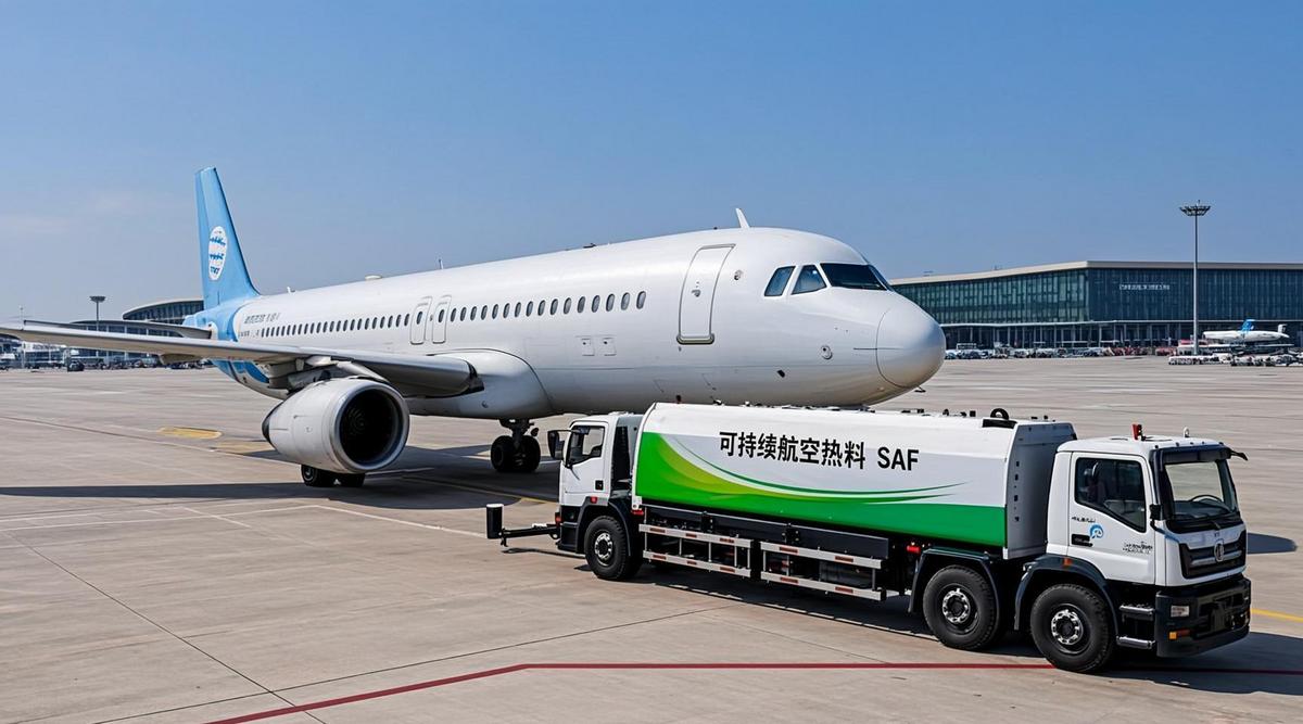 Авиалайнер Airbus заправляется экологичным топливом на фоне современного аэропорта, видны заправочные машины.