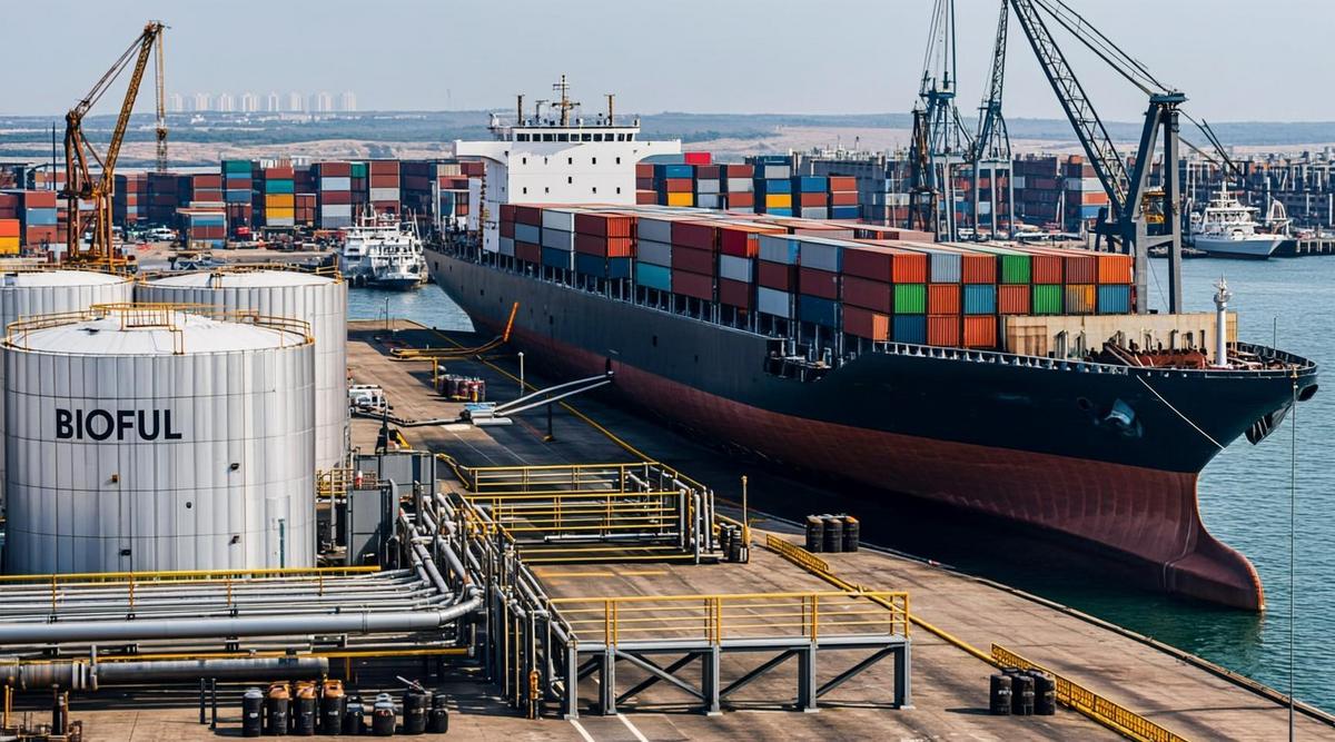 Большой грузовой корабль у причала в китайском порту, рядом крупные резервуары для биотоплива и сеть трубопроводов. Видна портовая инфраструктура.