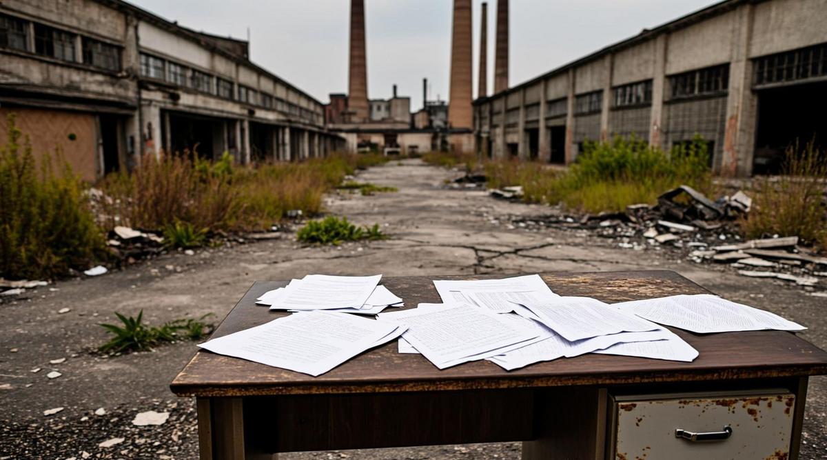 Разрушенный промышленный пейзаж, заброшенные здания завода, прорастающая растительность сквозь бетон, признаки экологического износа.