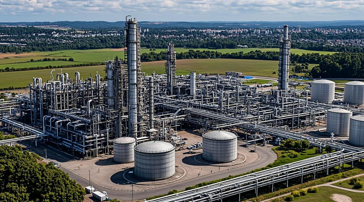 SkyNRG завершила финансирование завода SAF в Нидерландах с KLM как покупателем Вид на современный завод по производству устойчивого авиационного топлива (SAF) DSL-01 с промышленными резервуарами и трубопроводами в химическом парке Делфзейл, Нидерланды.