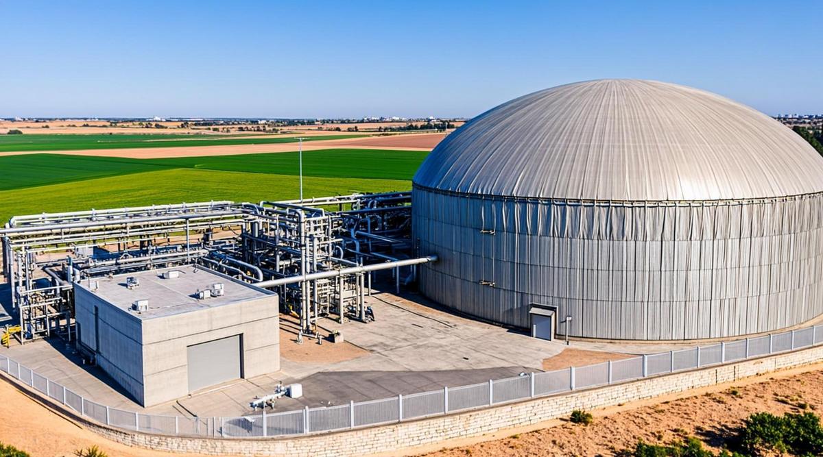 Биогазовый комплекс с металлическими резервуарами и трубами на фоне здания скотобойни и сельскохозяйственных полей.