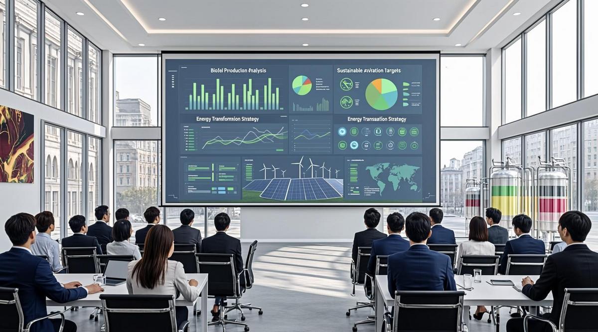 Интерьер современного конференц-зала с большим экраном, отображающим графики и данные по биоэнергетике и устойчивому авиационному топливу (SAF).