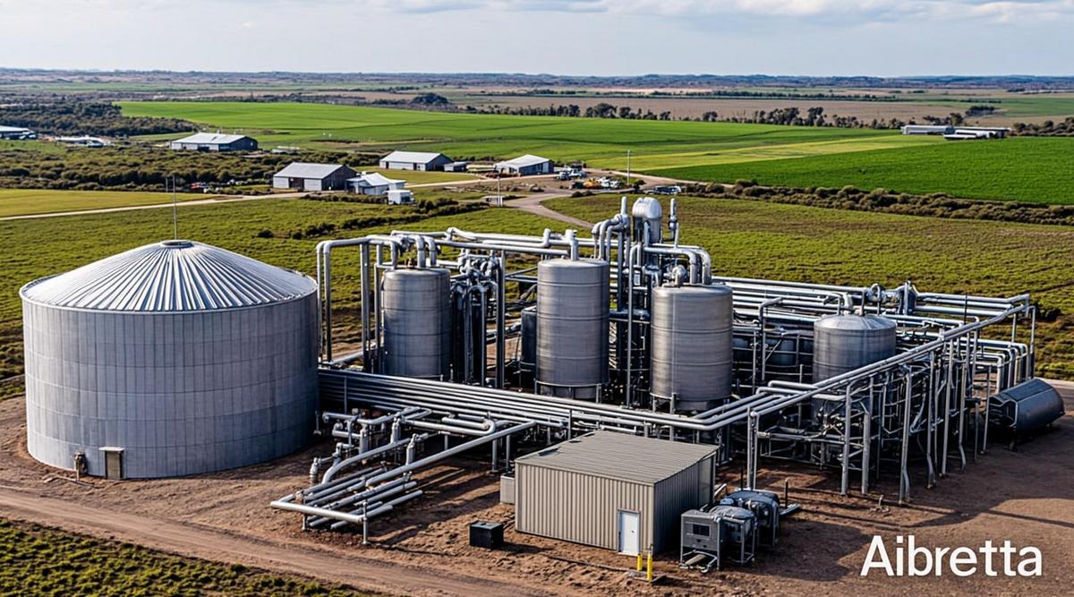 Альберта строит первый в мире завод биометана из навоза с улавливанием CO2 Промышленный комплекс по производству биометана из сельскохозяйственных отходов с резервуарами, трубопроводами и фермами на фоне сельских полей Альберты.