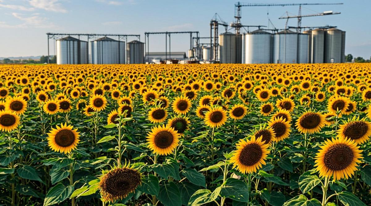Поле спелых подсолнухов на фоне портовых сооружений, символизирующее сельскохозяйственный экспорт.
