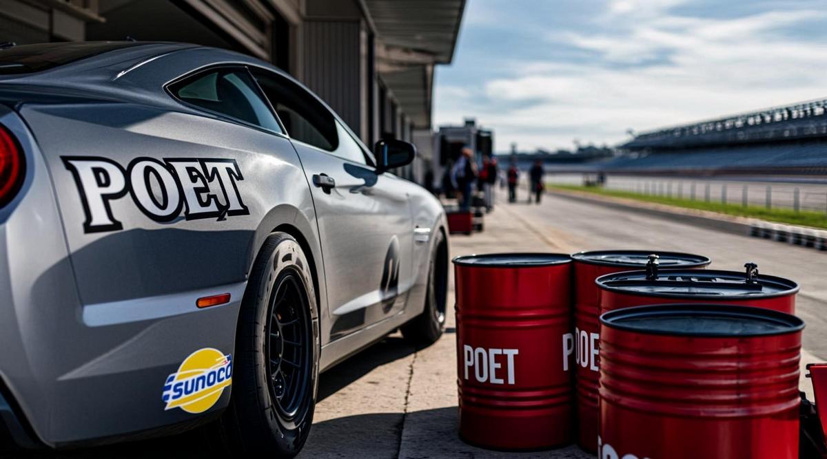 Гоночный автомобиль NASCAR с логотипами POET и Sunoco на пит-лейн, рядом специализированные топливные канистры.