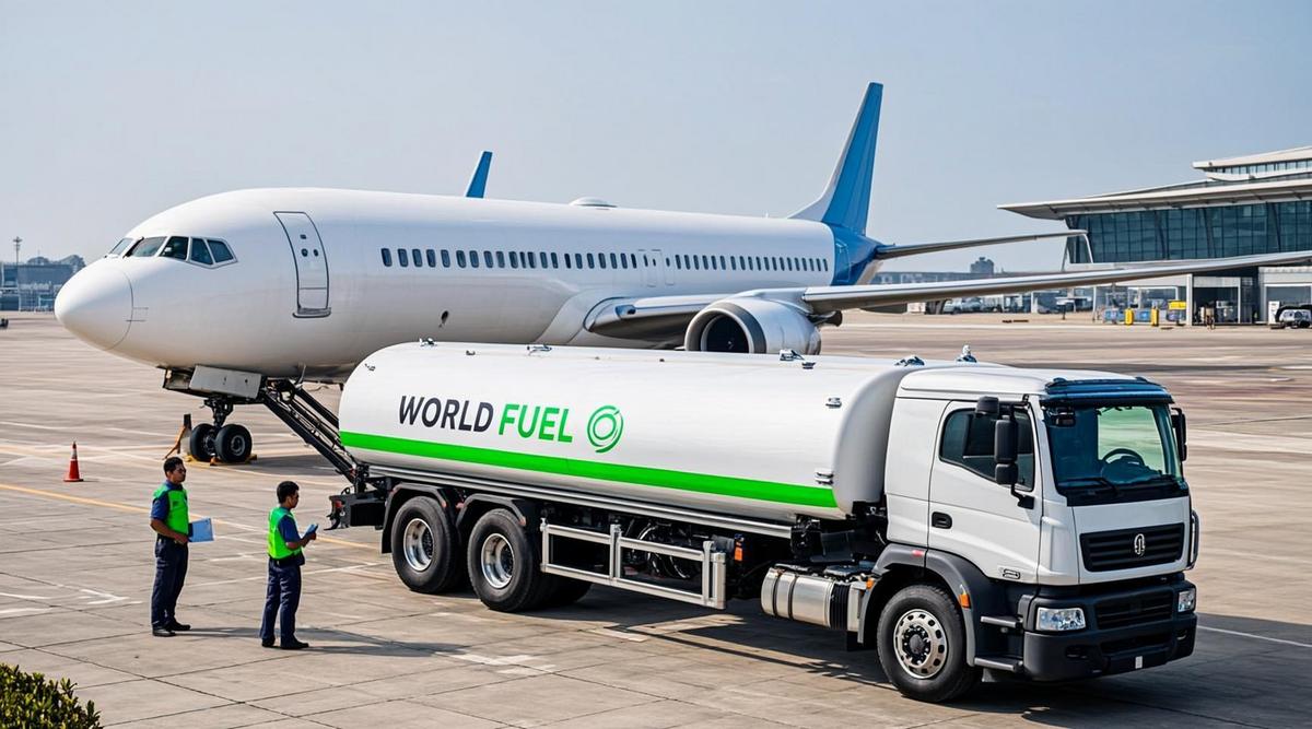 Топливозаправщик заправляет коммерческий самолет на взлетно-посадочной полосе аэропорта. На горизонте видны промышленные объекты.