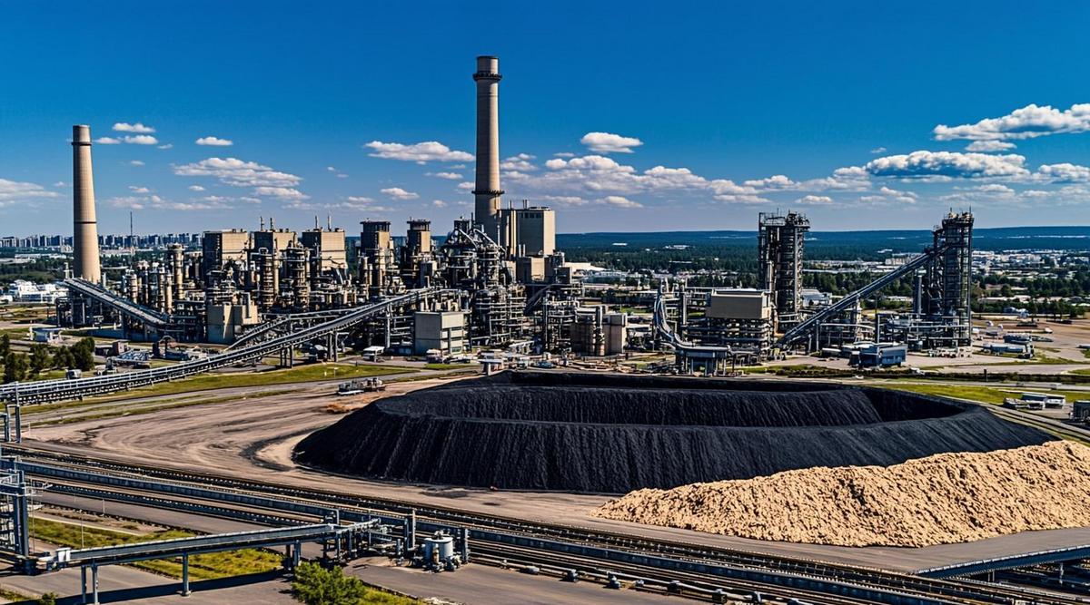 Индустриальная угольная электростанция с дымовыми трубами, отвалами угля и хранилищами древесных щепок, конвейерными лентами и линиями электропередач.