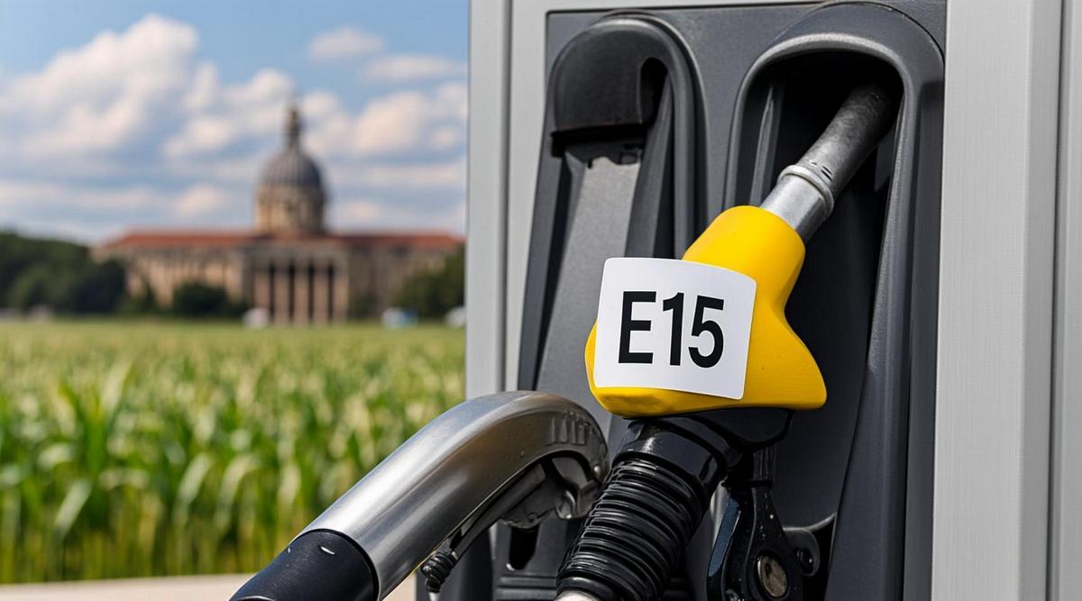 Топливная колонка с обозначением E15 на автозаправочной станции, на заднем плане виднеется кукурузное поле и здание законодательного органа.