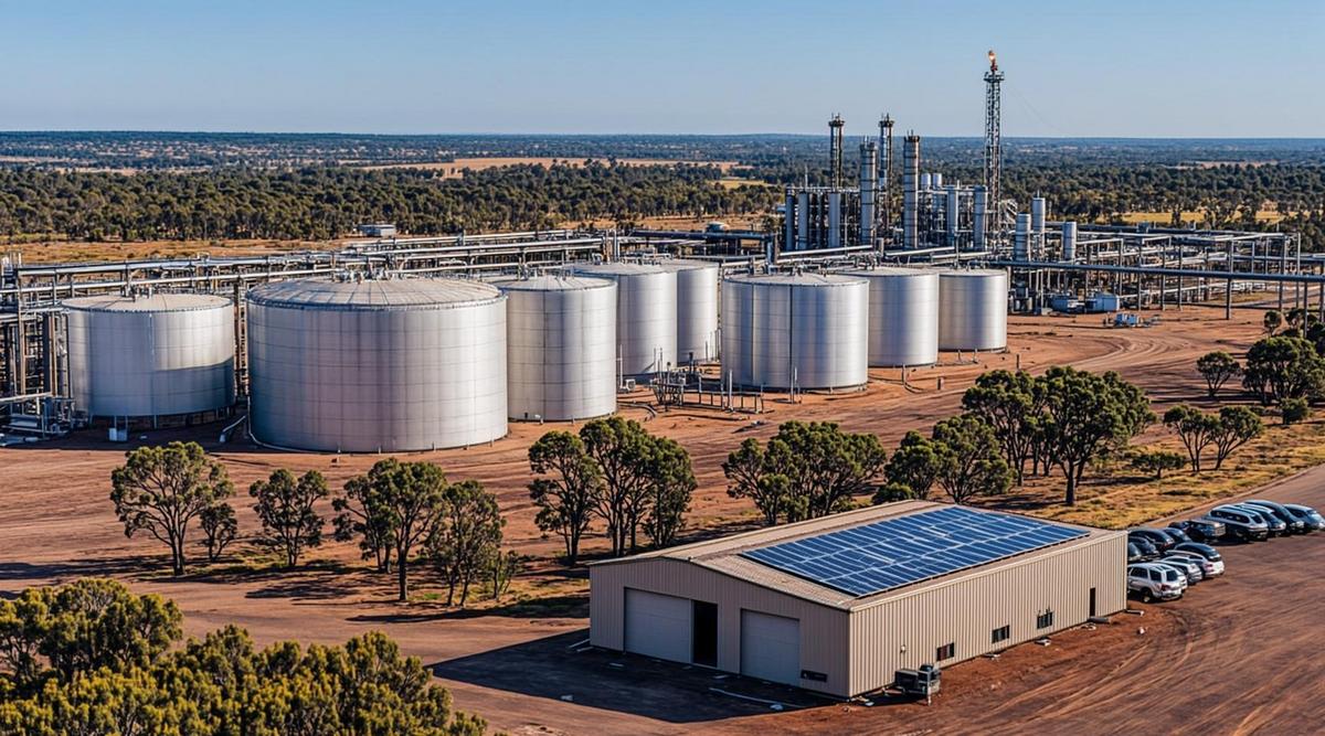 Промышленный комплекс по переработке отходов и производству биометана с анаэробными реакторами и факельной установкой на фоне австралийского пейзажа.