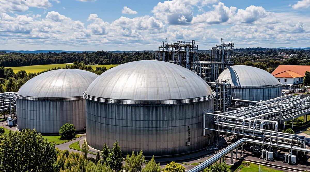 Централизованная биогазовая установка в Пенанге, Малайзия, с крупными анаэробными реакторами, трубопроводами на фоне зеленых полей.